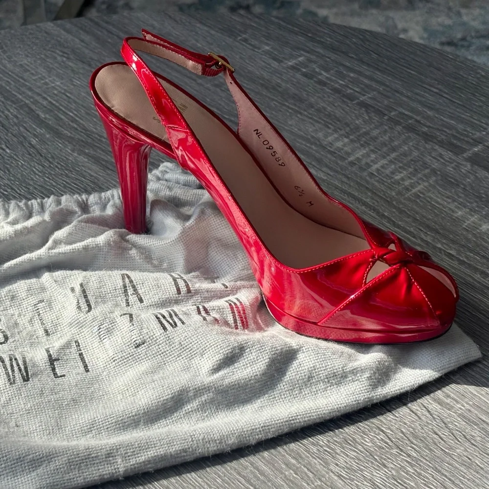 Stuart Weitzman Red Patent Leather Slingback Peep Toe Heels 6.5M NEW - Picture 8 of 8